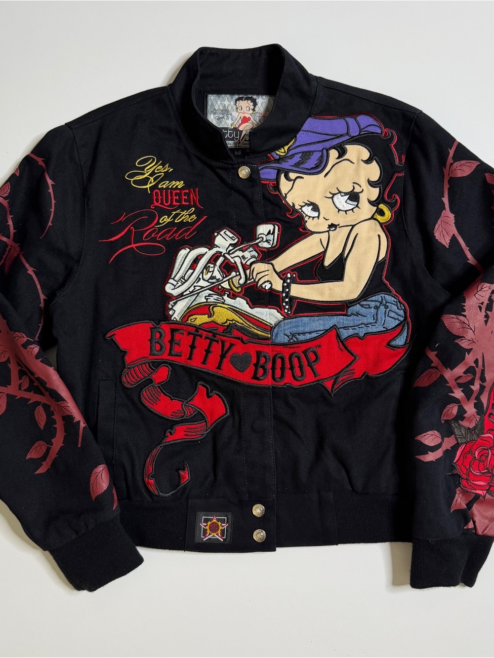 Vintage Betty Boop Embroidered Varsity Buttonup Jacket Womens Small Black Y2K